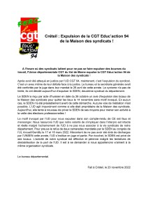 Communiqué CGT Educ'action 94 - Expulsion de la maison des syndicats